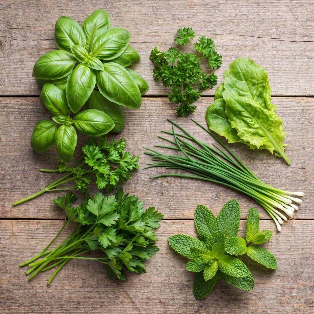 Verschiedene Kräuter und grünes Gemüse